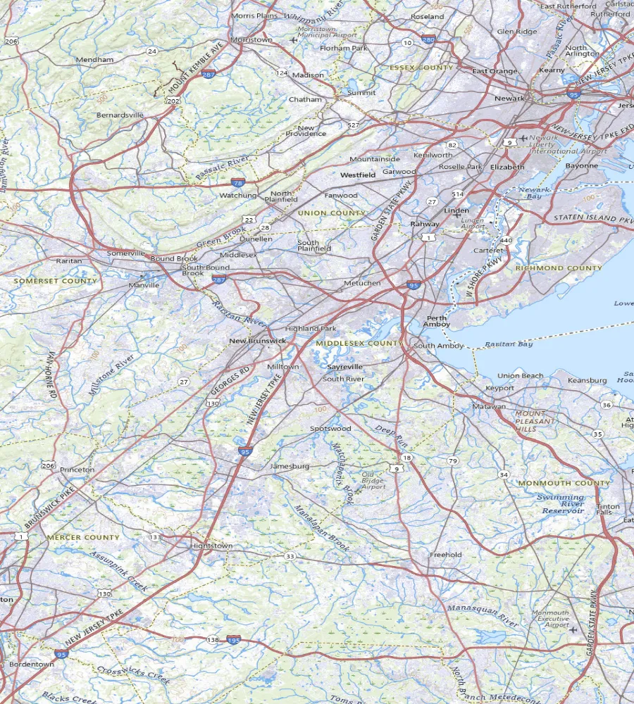 Topographic map of central New Jersey around Woodbridge Township, Avenel, Edison, Princeton and surrounding towns
